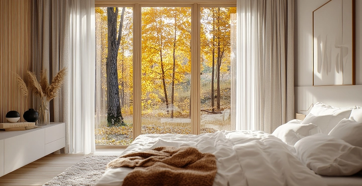 Een gezellige, lichte slaapkamer met een panoramisch raam en uitzicht op een herfstbos met gele bomen