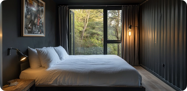 Een moderne, donkere slaapkamer met een groot bed en ramen die uitkijken op een groen bos