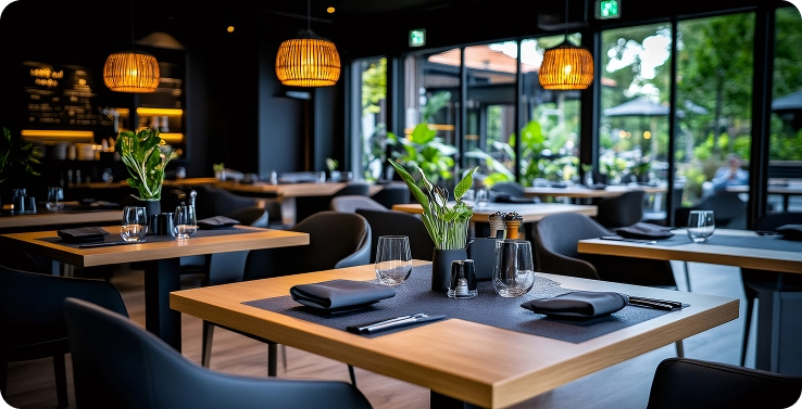 Een modern restaurant met uitzicht op het bos, met donker meubilair en ronde lampen