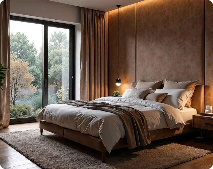 Een slaapkamer met gedempte verlichting en een groot raam dat uitzicht biedt op het groen en de bomen