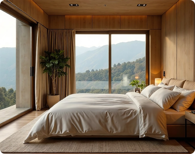 Een slaapkamer met houten wanden en een panoramisch raam dat uitzicht biedt op de bergen en de natuur