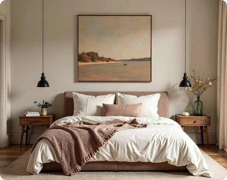 Een slaapkamer met minimalistische meubels, een schilderij met uitzicht op het strand en sfeervolle verlichting
