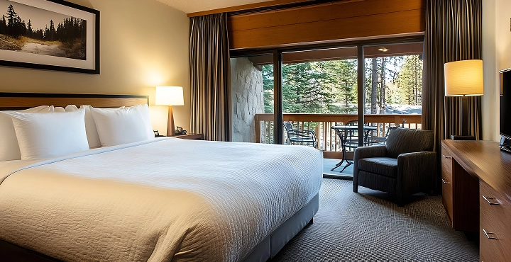 Een gezellige hotelkamer met een tweepersoonsbed en een balkon