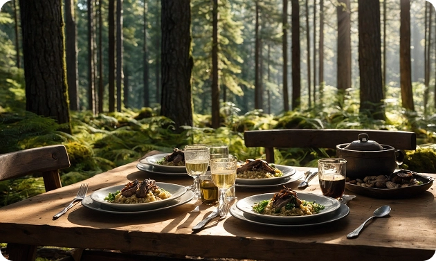 Een houten tafel met een verfijnd diner, gedekt voor vier personen midden in een dicht naaldbos, verlicht door zacht zonlicht dat door de bomen schijnt
