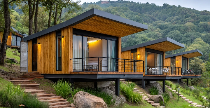 Moderne houten huisjes in de bergen met een terras en uitzicht op het bos