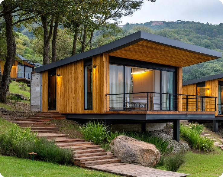 Moderne houten huisjes in de bergen met een terras en uitzicht op het bos
