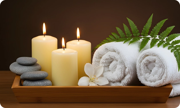 Kaarsen, handdoeken en massagestenen in een houten dienblad