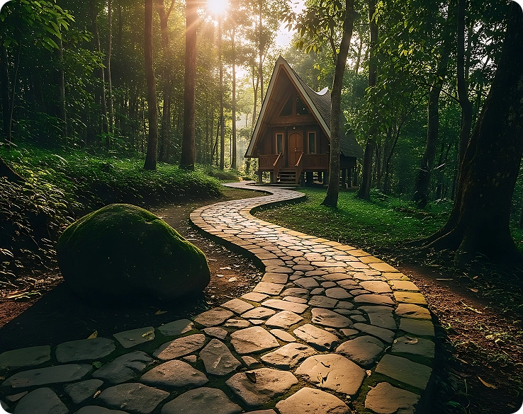 Een kronkelend stenen pad dat in het zonnige licht naar een houten huisje in het dichte bos leidt